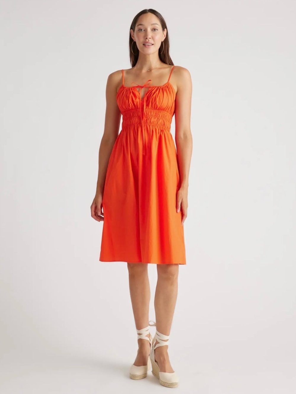Quince Organic Cotton Keyhole Midi Dress in Vermillion Red Size Small